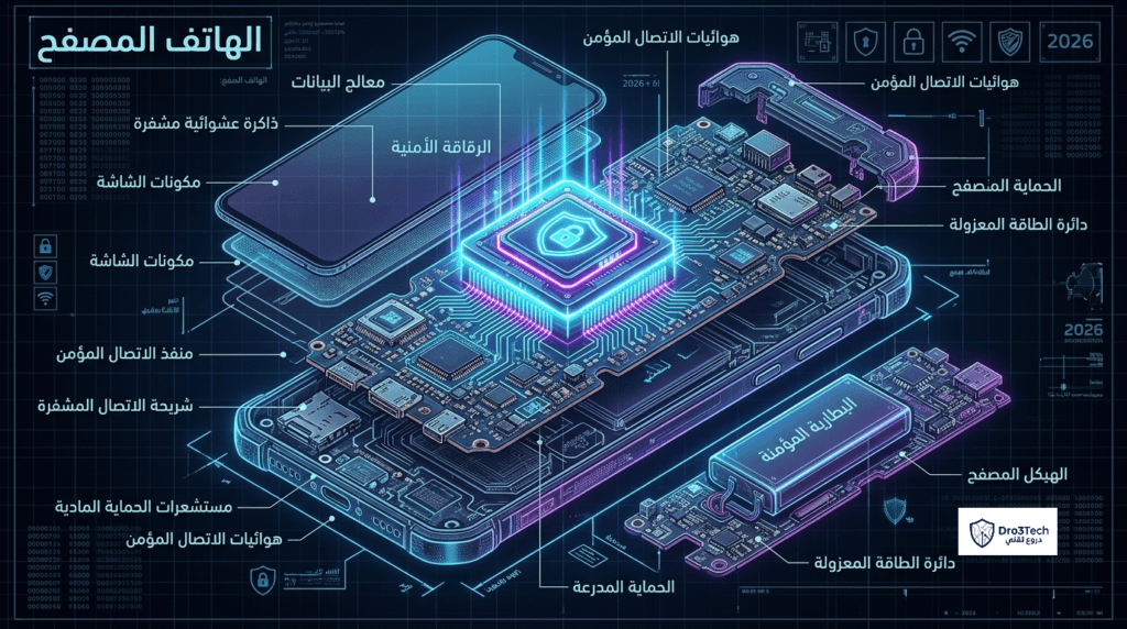 تشريح هندسي يوضح المواصفات الفنية الخام والدوائر الداخلية في الهاتف المصفح لحماية البيانات