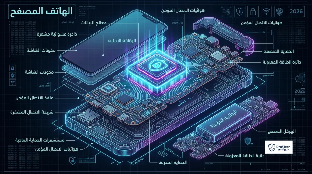 تشريح هندسي يوضح المواصفات الفنية الخام والدوائر الداخلية في الهاتف المصفح لحماية البيانات