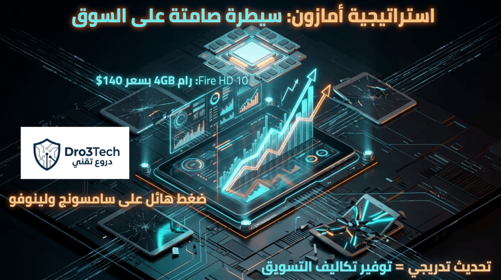 إنفوجرافيك استراتيجي يوضح سيطرة جهاز أمازون Fire HD 10 على سوق الأجهزة اللوحية الاقتصادية والضغط على المنافسين.