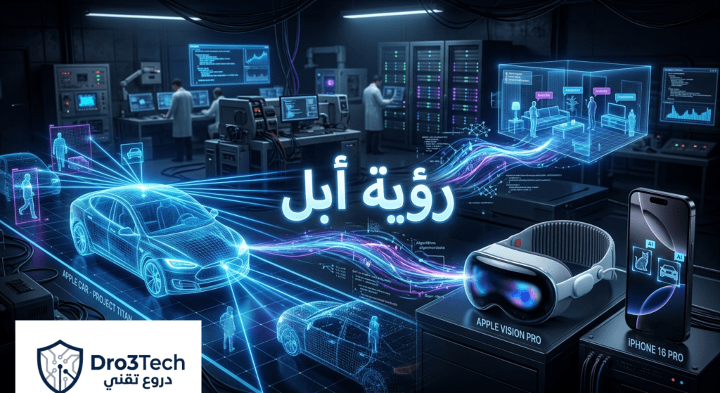 رسم توضيحي لتقنيات الذكاء الاصطناعي البصري وانتقالها من سيارة أبل إلى نظارة Vision Pro.
