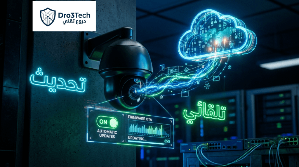 صورة لواجهة مستخدم تقنية توضح كيفية عمل التحديث التلقائي لكاميرات المراقبة الذكية عبر السحابة.