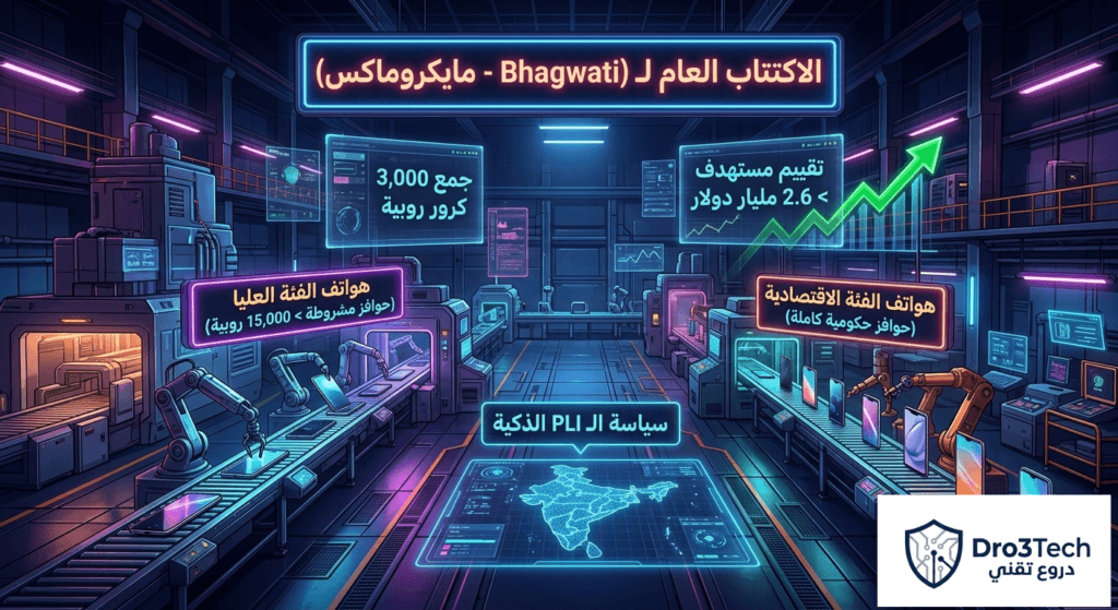 ​إنفوجرافيك مفصل وشامل يوضح خريطة طريق شركة باغواتي-مايكروماكس للاكتتاب العام والاستراتيجية المالية والتصنيعية في الهند. يظهر التصميم مضاعفة الأرباح وقفزة في الإيرادات، مع تفصيل شروط حوافز الإنتاج (PLI) الهندية الذكية التي تمنح امتيازات حصرية للشركات المحلية لبيع الهواتف الاقتصادية ونقل المعرفة، مقابل حرمان الشركات الأجنبية من الدعم. يتضمن التصميم أرقاماً محددة مثل جمع 3,000 كرور روبية، وتقييم مستهدف يتجاوز 2.6 مليار دولار، ومقارنة بين خطوط إنتاج الفئة العليا والاقتصادية.