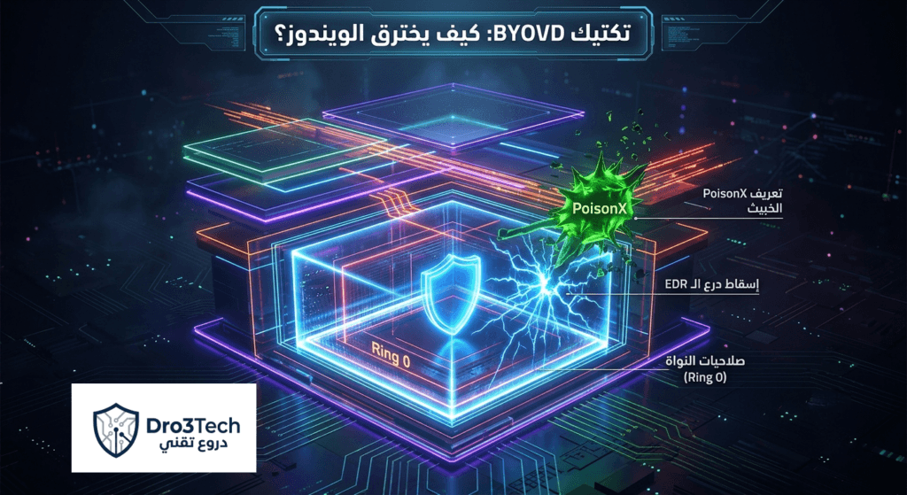 رسم توضيحي علمي لاختراق نواة الويندوز Ring 0 عبر تكتيك BYOVD واستغلال تعريف PoisonX لتعطيل برامج الحماية.
