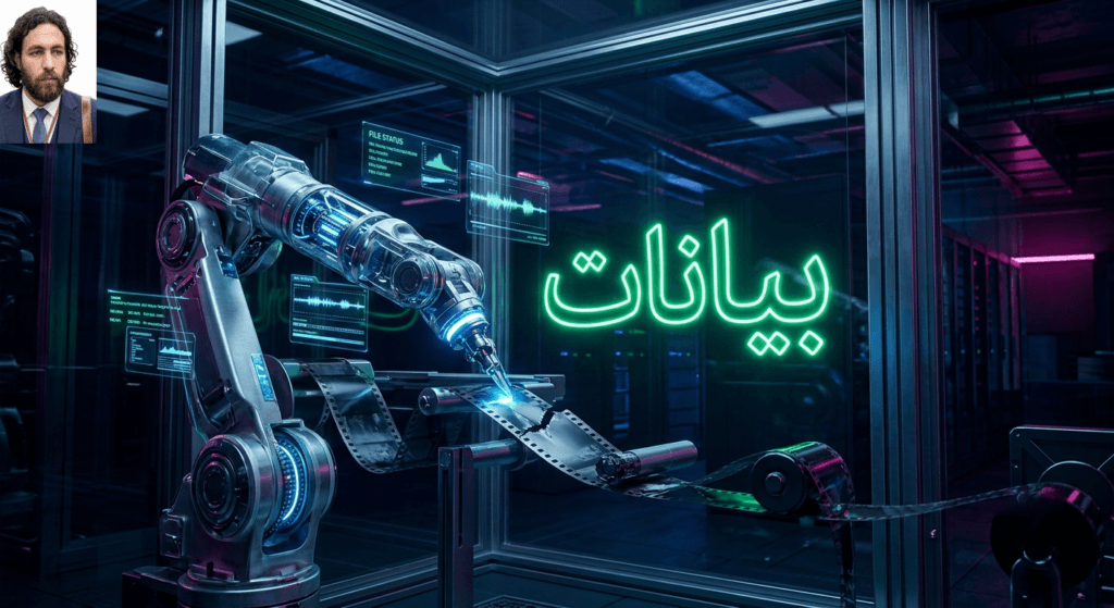 تصميم يعبر عن تقنية البيانات المغلقة في السينما وآلية منصة Synapse لتطوير المؤثرات البصرية.