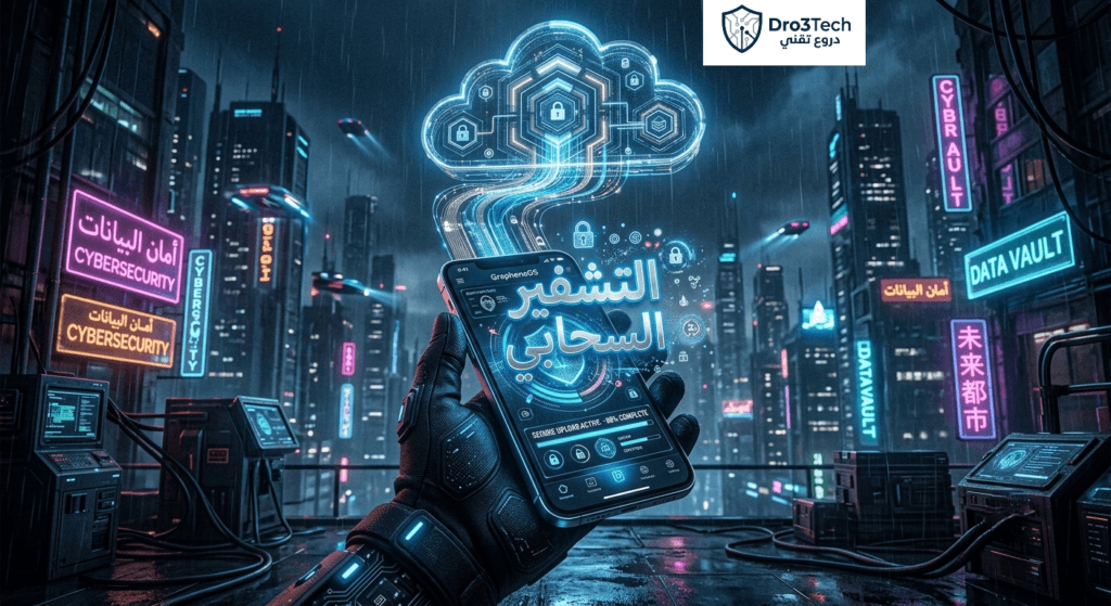 هاتف ذكي يقوم برفع البيانات إلى سحابة آمنة باستخدام التشفير السحابي.