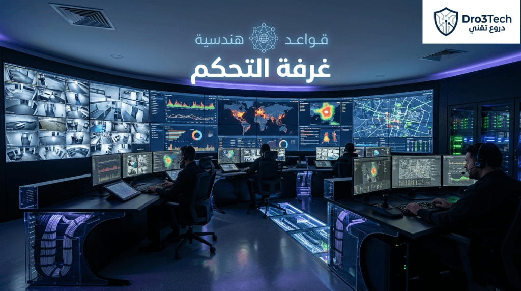 غرفة تحكم ومراقبة أمنية حديثة مصممة بناءً على قواعد هندسية ومعايير بيئية صارمة لضمان الكفاءة.