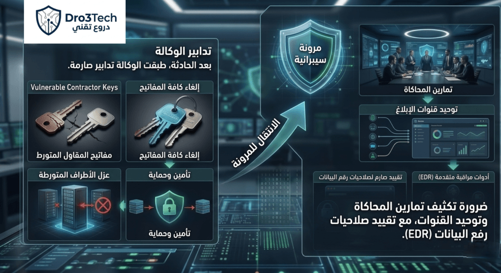 مخطط إنفوجرافيك يوضح استراتيجية التعافي من الهجمات السيبرانية والانتقال إلى المرونة السيبرانية عبر عزل الأنظمة وتدوير مفاتيح التشفير.