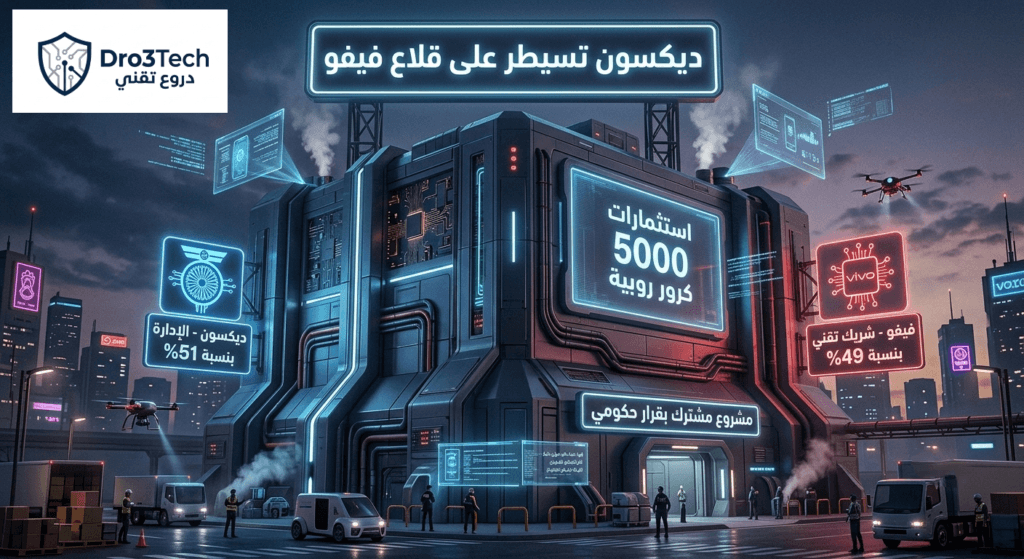 إنفوجرافيك واقعي رقمي مفصل يصور مصنعًا ضخمًا ومستقبليًا لصنع الهواتف الذكية بأسلوب السايبربانك، بجماليات صحافة التكنولوجيا ودقة 8k. يظهر المصنع الجديد كحصن مع لافتات هولوغرافية ونيون مضيئة باللغة العربية. اللافتة الرئيسية في الأعلى تقول: "ديكسون تسيطر على قلاع فيفو". وتظهر شاشات أخرى تفاصيل مثل استثمارات "5000 كرور روبية"، و"ديكسون - الإدارة بنسبة 51%"، و"فيفو - شريك تقني بنسبة 49%". وكلمة "مشروع مشترك بقرار حكومي" في الأسفل. الخلفية تظهر مدينة مستقبلية عند الغسق. 