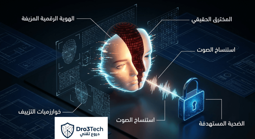 مخطط علمي يوضح هجمات الاحتيال الموجه عبر التزييف العميق واستنساخ الهوية الرقمية والأصوات لاختراق الضحايا.