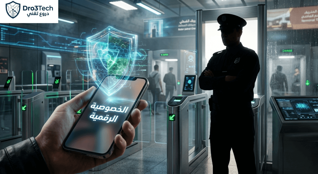 درع مضيء يمثل الخصوصية الرقمية في مواجهة ضابط حدود أمريكي أثناء تفتيش الأجهزة.