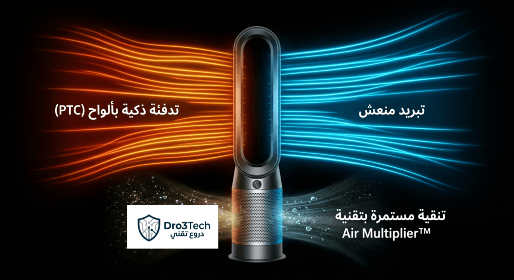 مخطط علمي يوضح وظائف جهاز دايسون HP09 الثلاثية: التدفئة الذكية بألواح السيراميك، التبريد المنعش، والتنقية المستمرة باستخدام تقنية Air Multiplier.