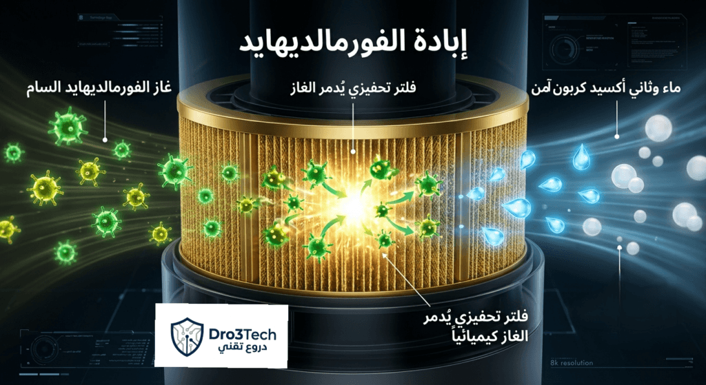 صورة توضيحية لآلية عمل الفلتر التحفيزي في جهاز دايسون HP09 لتدمير غاز الفورمالديهايد السام كيميائياً.