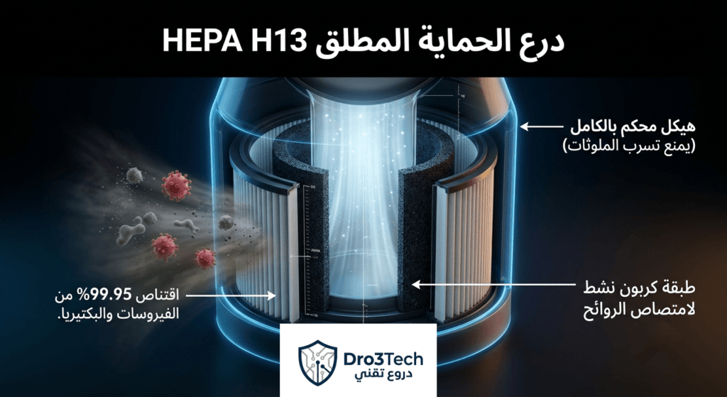 مخطط علمي يوضح معيار HEPA H13 المحكم بالكامل في منقي هواء دايسون HP09 لاقتناص الفيروسات والبكتيريا.