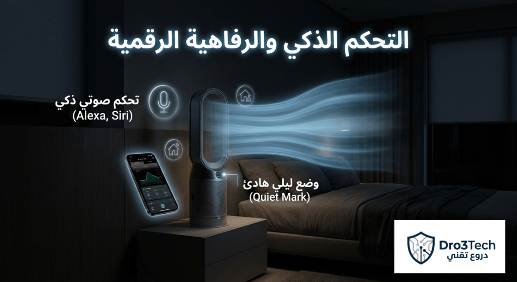 التحكم الذكي في جهاز دايسون HP09 عبر تطبيق MyDyson والأوامر الصوتية مع الوضع الليلي الهادئ المعتمد من Quiet Mark.