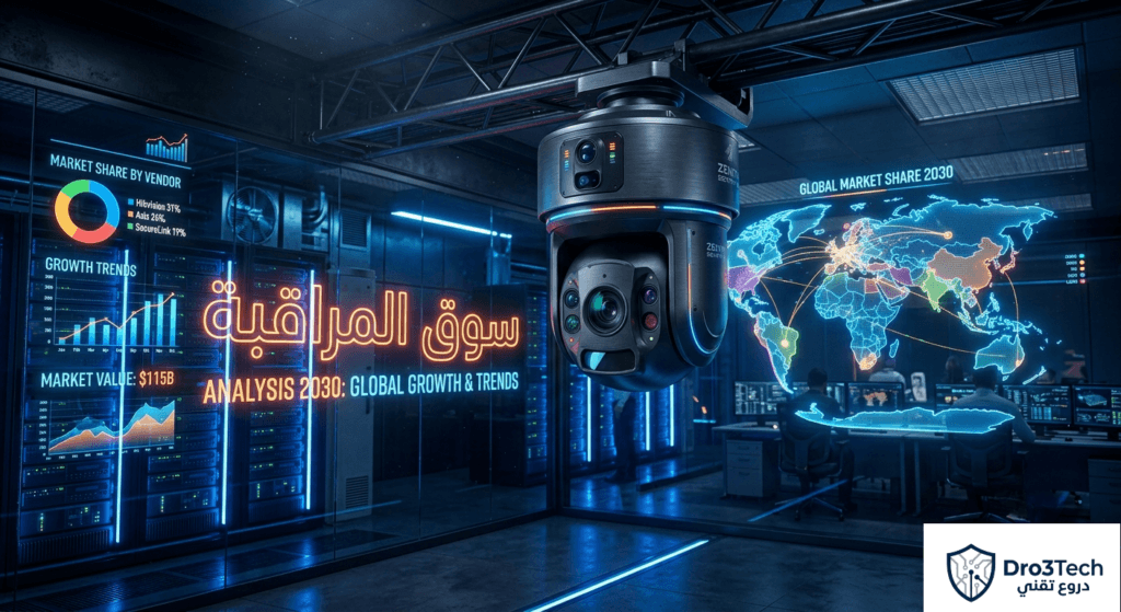 كاميرا مراقبة مؤسسية ضخمة داخل مركز بيانات مستقبلي تمثل سوق كاميرات المراقبة في 2030.
