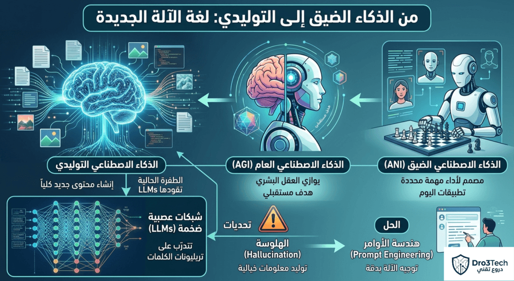 مخطط علمي يوضح مراحل تطور الذكاء الاصطناعي من الذكاء الضيق (ANI) إلى الذكاء العام (AGI) والذكاء التوليدي.