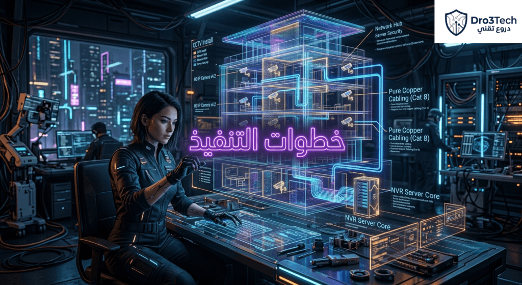 خطوات تنفيذ وبناء نظام كاميرات المراقبة بشكل هندسي بدءاً من المسح الميداني وحتى التشغيل.