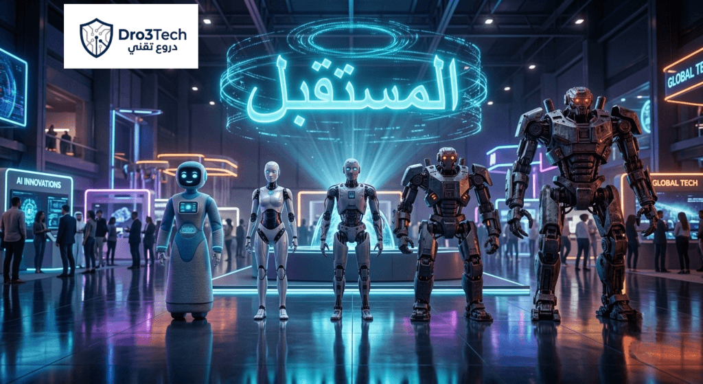 مجموعة من أفضل 5 روبوتات بشرية لعام 2026 تقف بجوار بعضها