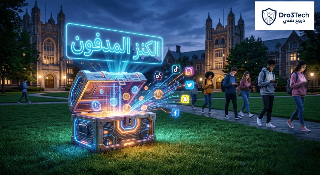 صندوق كنز رقمي مضيء في حرم جامعي يرمز إلى الصراع المالي بين تطبيقات التواصل الاجتماعي للسيطرة على الجيل الجديد.