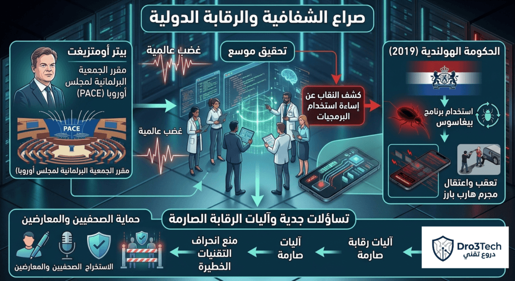 إنفوجرافيك يوضح صراع الشفافية والرقابة الدولية حول استخدام الحكومات لبرنامج بيغاسوس لتعقب المطلوبين، والتحقيقات التي قادها النائب بيتر أومتزيغت.