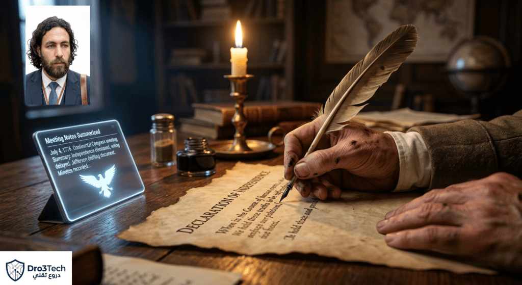 الإنسان يكتب وثيقة الاستقلال بيده بينما يكتفي الذكاء الاصطناعي بالمهام الإدارية وتدوين الملاحظات.