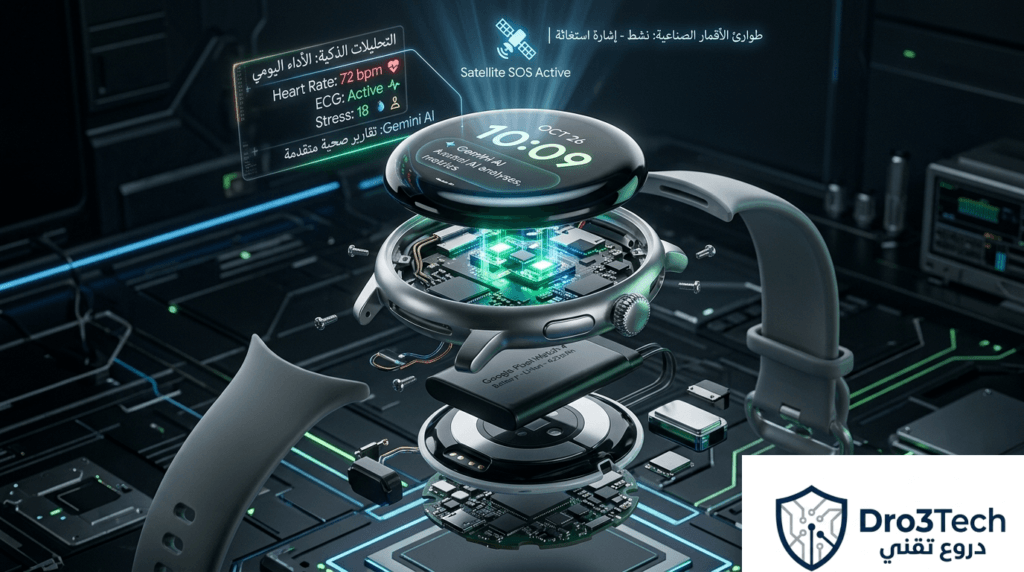 صورة تقنية مفككة لساعة Google Pixel Watch 4 تستعرض المستشعرات الصحية المدمجة ومساعد الذكاء الاصطناعي Gemini.