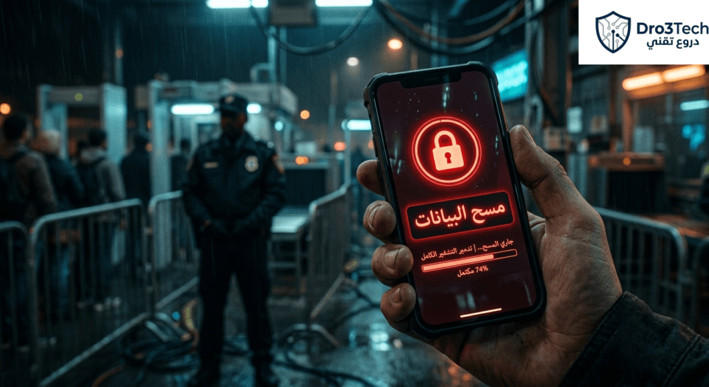 هاتف ذكي يعمل بنظام GrapheneOS أثناء تفعيل كلمة مرور الإكراه لمسح البيانات في نقطة تفتيش حدودية.