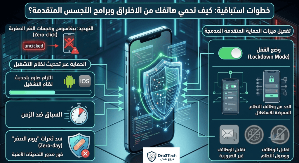 إنفوجرافيك يوضح الخطوات الاستباقية لحماية الهواتف الذكية من الاختراق وبرامج التجسس المتقدمة عبر التحديثات ووضع القفل.