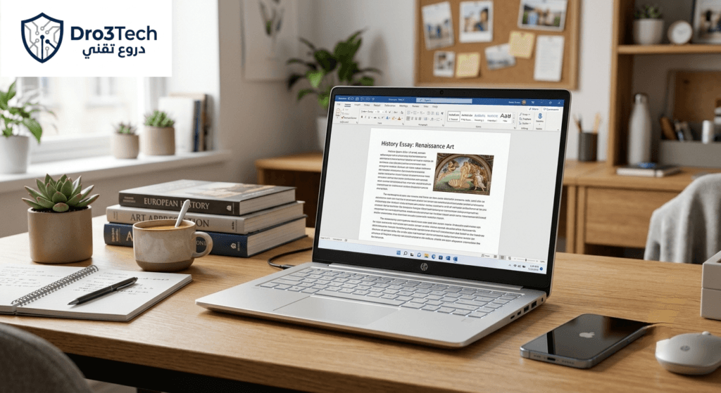لاب توب HP 14 فضي اللون على مكتب دراسي مخصص للطلاب
