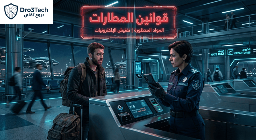 مسافر في مطار دولي يواجه قوانين المطارات الصارمة أثناء تفتيش أجهزته الإلكترونية.