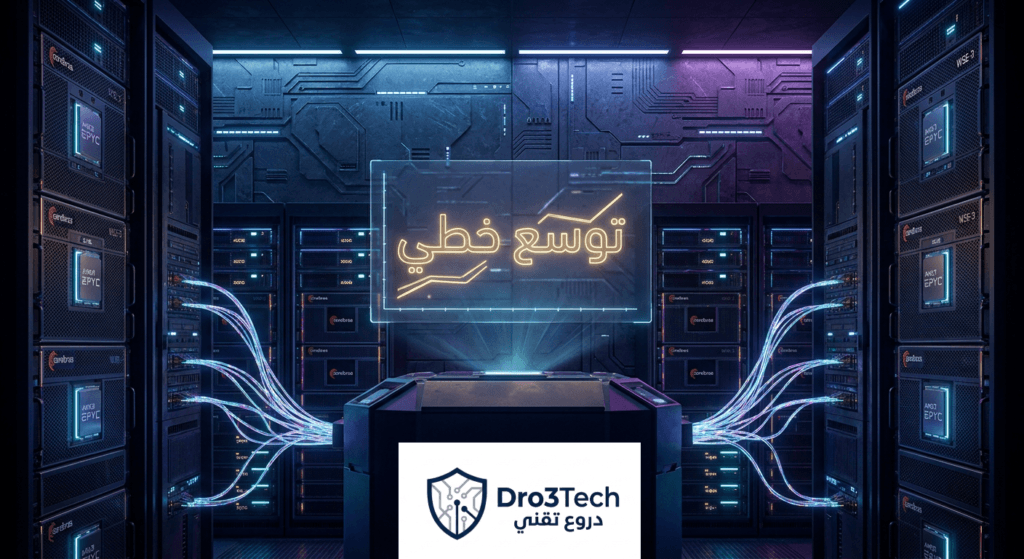 مخطط بصري يوضح التوسع العنقودي وهندسة السرب لربط شرائح الذكاء الاصطناعي