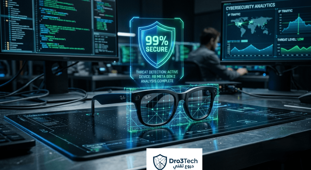 نظارات ميتا الذكية تخضع لفحص أمني رقمي يظهر درع حماية يؤكد فعالية النظام في التصدي لمحاولات التلاعب.