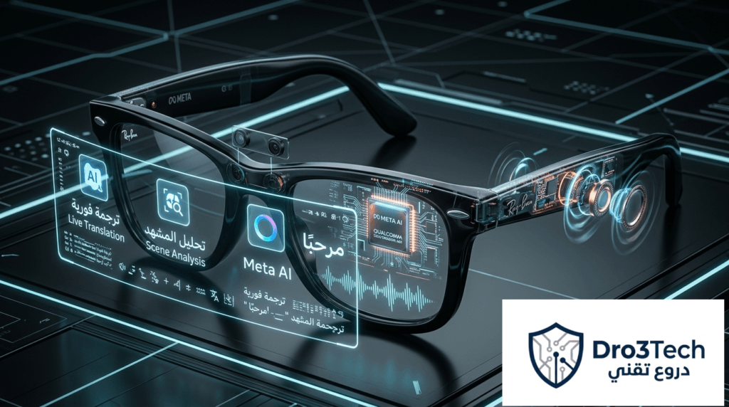 نظارات ميتا راي بان الذكية بتصميم تقني ثلاثي الأبعاد يظهر المكونات الداخلية ومعالجات الذكاء الاصطناعي.