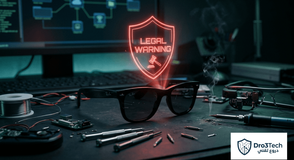 نظارات ميتا الذكية على طاولة تعديل وتحمل تحذيراً قانونياً أحمر اللون، تعبيراً عن عقوبات الشركة ضد التعديلات غير القانونية لمؤشر الخصوصية.