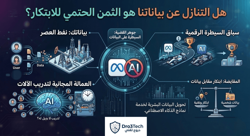 إنفوجرافيك يوضح التكلفة الخفية للابتكار، وكيف تستغل ميتا البيانات الشخصية وصور المستخدمين كوقود وعمالة مجانية لتدريب تقنية Muse Image.