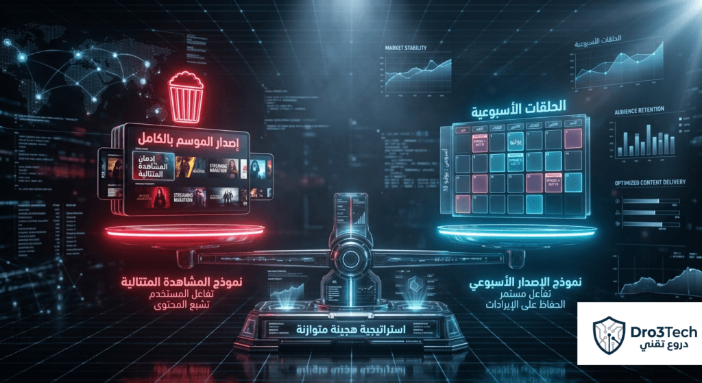 ميزان رقمي يعبر عن استراتيجية نتفليكس الهجينة التي توازن بين المشاهدة المتتالية والإصدار الأسبوعي.