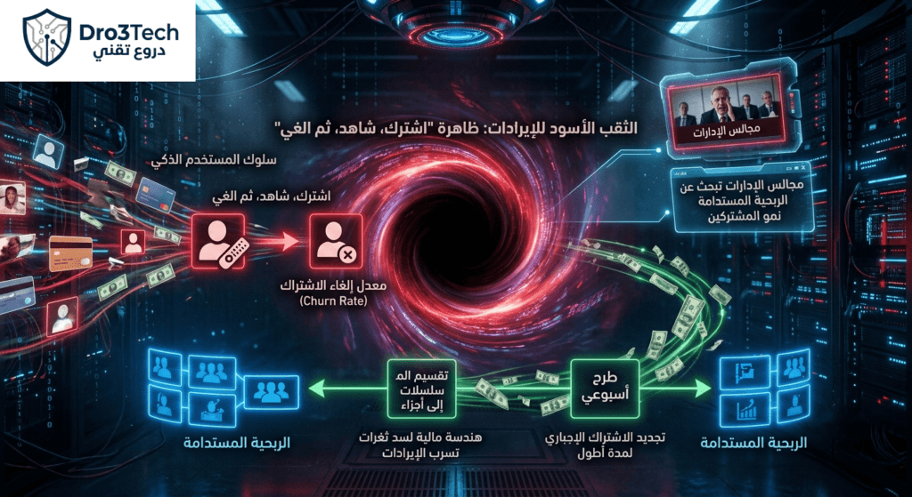 تصميم تعبيري يجسد ظاهرة الثقب الأسود للإيرادات والـ Churn Rate في نتفليكس بسبب إلغاء الاشتراكات.