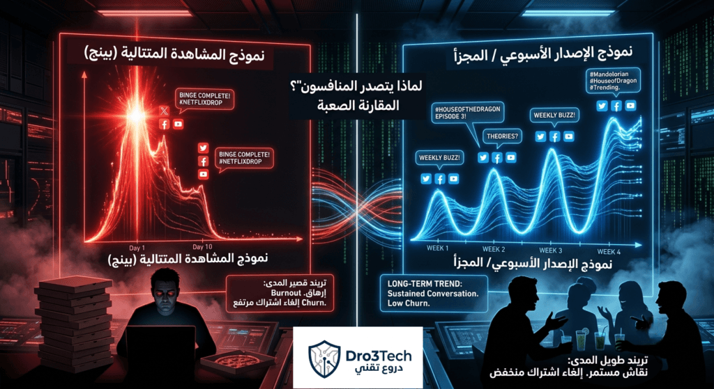 تصميم مقارنة يوضح انفجار تريند نتفليكس القصير مقابل تريند المنافسين المستمر أسبوعياً.