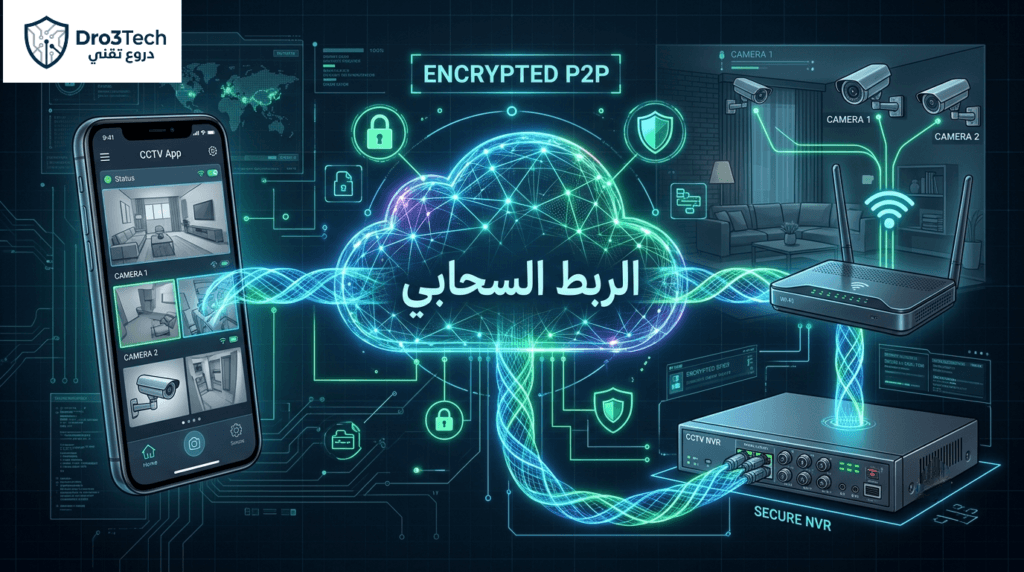 آلية عمل تقنية الـ P2P والربط السحابي في تطبيقات كاميرات المراقبة لتوفير اتصال مباشر وسريع.