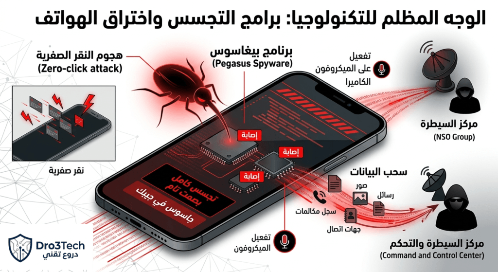 مخطط يوضح كيفية عمل برنامج التجسس بيغاسوس واختراق الهواتف الذكية عبر هجمات النقر الصفرية بصمت تام.