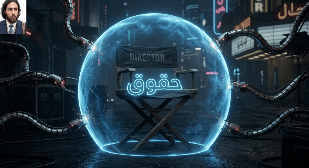 تصميم يعبر عن حماية حقوق الممثلين من الذكاء الاصطناعي وتأثيرها على نقابات هوليوود.