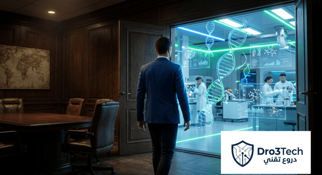 رجل أعمال شاب يقف بين غرفة اجتماعات تقليدية ومختبر تكنولوجيا حيوية مستقبلي، تعبيراً عن استقلال ريد جوبز وتأسيس صندوق Yosemite.