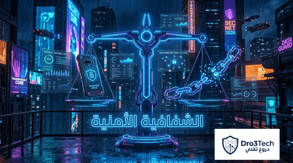 ميزان رقمي مضيء يوضح الشفافية الأمنية والمقارنة بين مميزات وعيوب استخدام الهاتف المصفح في الواقع