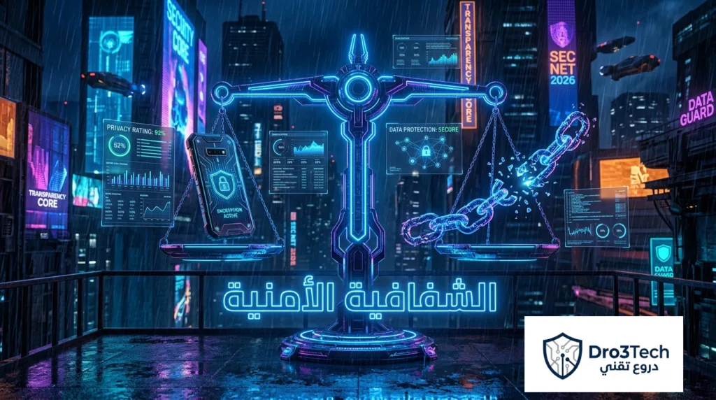 ميزان رقمي مضيء يوضح الشفافية الأمنية والمقارنة بين مميزات وعيوب استخدام الهاتف المصفح في الواقع