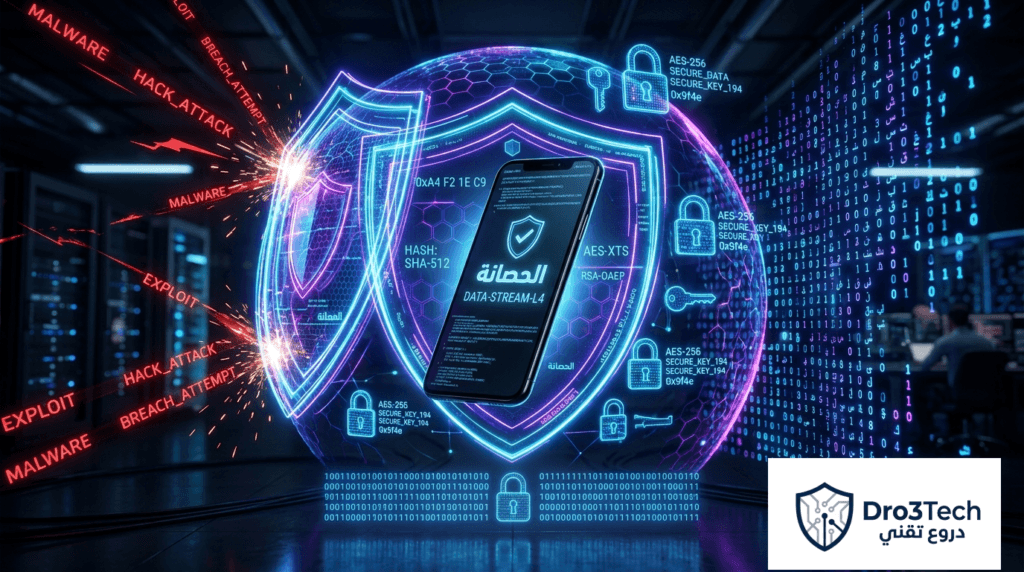 تصميم يوضح العمق الهندسي وطبقات التشفير المتعددة التي تمنح الهاتف الحصانة السيبرانية المطلقة ضد برمجيات التجسس