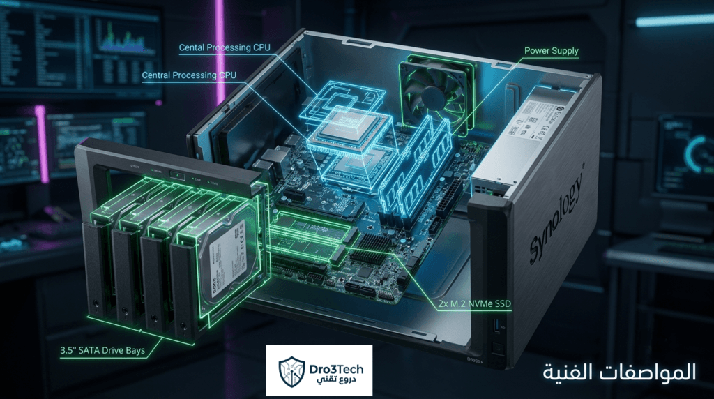 صورة توضح التشريح الهيكلي والمواصفات الفنية الدقيقة لسيرفر التخزين الشبكي Synology DS926+ من الداخل
