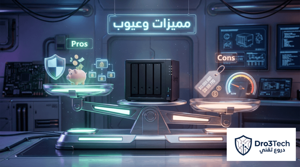 صورة توضح الموازنة بين مميزات الأمان القوية وعيوب التكلفة الأولية لجهاز التخزين الشبكي Synology DS926+