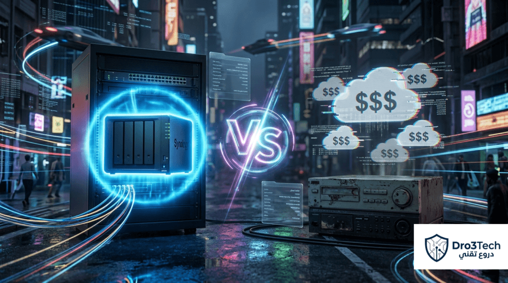 صورة تقارن بين سيرفر التخزين الشبكي Synology DS926+ والخدمات السحابية وأجهزة التسجيل التقليدية NVR من حيث التكلفة والأمان