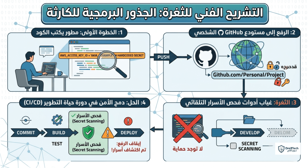مخطط إنفوجرافيك يوضح التشريح الفني لثغرة تسريب البيانات وكيفية قيام مطور برفع مفاتيح حساسة إلى مستودع GitHub بسبب غياب أدوات الفحص التلقائي.