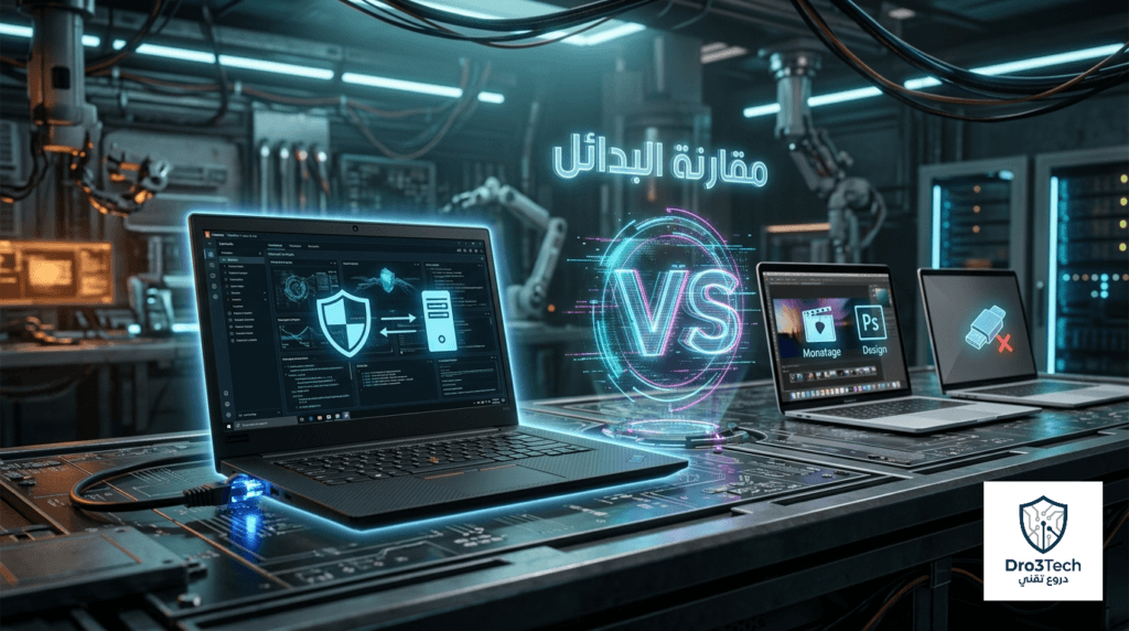 صورة توضح مقارنة ThinkPad P1 Gen 8 أمام المنافسين وتبرز تفوقه الميداني كأفضل بديل ماك بوك للمهندسين وفنيي الشبكات